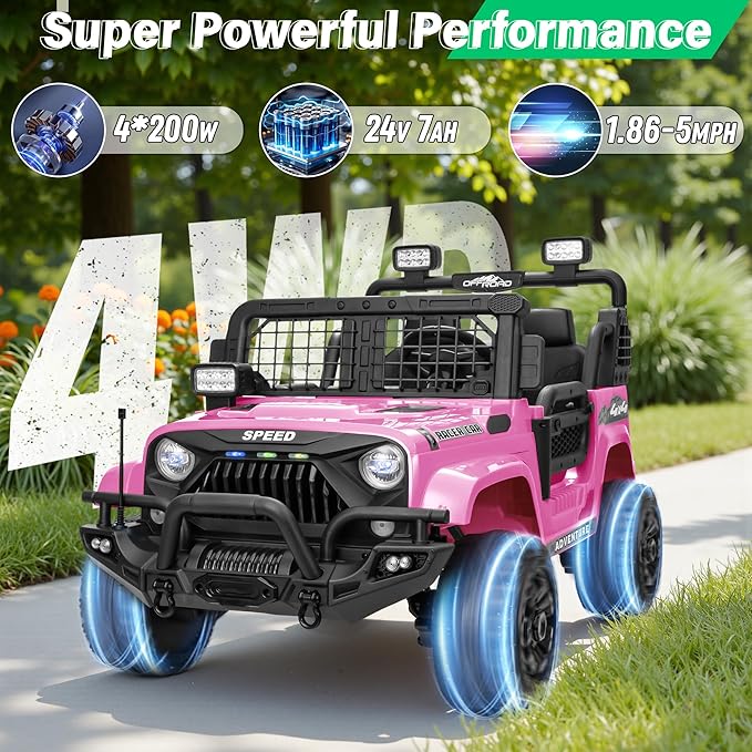 2 Seater Ride On Car Truck with Remote Control XL, Kids 24V Battery Powered Electric Vihicle w/21 in Seat, 3 Speeds, 2WD/4WD Switichable, Shock Absorbers,Bluetooth, Flower, Gift Choice-BubblyBeeBaby