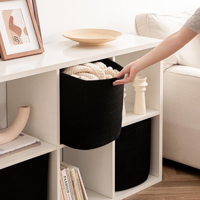 joybest Cube Storage Bins Set of 4, 13inch Cube Baskets Organizer for Nursery, Square Cotton Rope Baskets for Shelves Organizing, Kids Toy, Closet Storage, Black-BubblyBeeBaby