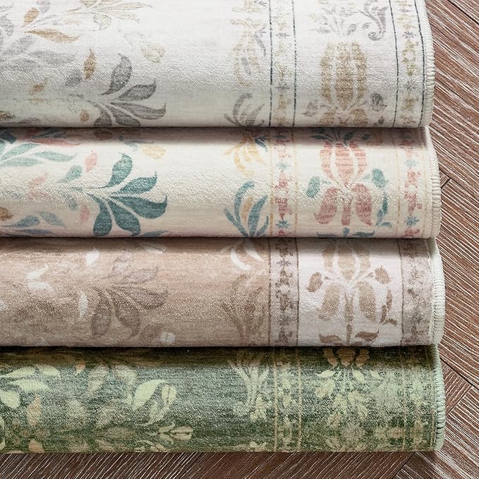 jinchan Vintage Floral Runner Rug 2x5 - Machine Washable Distressed Design Non-Slip Low-Pile Soft Thin Carpet for Hallway Kitchen Farmhouse Bedroom Entryway Laundry Room (2x5ft,Dark Green)-BubblyBeeBaby