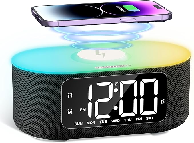 JALL Fabric Alarm Clock for Bedroom, with Big Led Screen Display, Bluetooth Stereo Sound Speaker, FM Radio, Fast Wireless Charging, USB Charging Port, Nightlight, White Noise, Ideal for Gift, Black-BubblyBeeBaby
