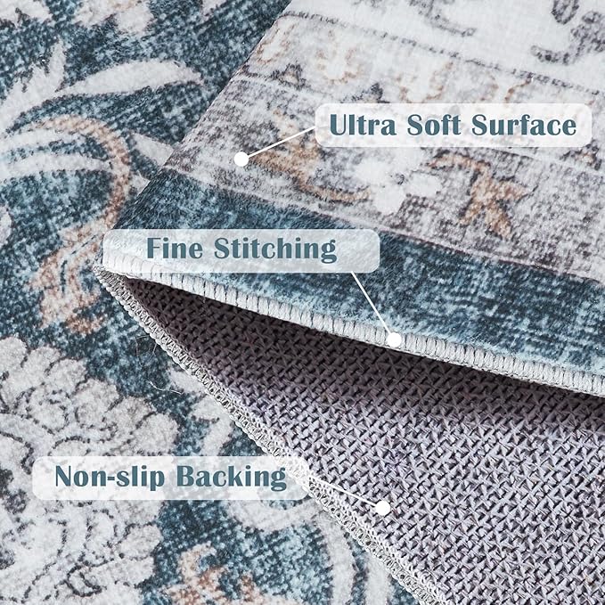 jinchan Floral Area Rugs 4x6 Machine Washable Vintage Distressed Boho Design Throw Rug Stain Resistant Carpet Low Pile Ultra-Thin Non-Slip for Bedroom Living Room Dining Room Kitchen(4‘x6',Drak Blue)-BubblyBeeBaby