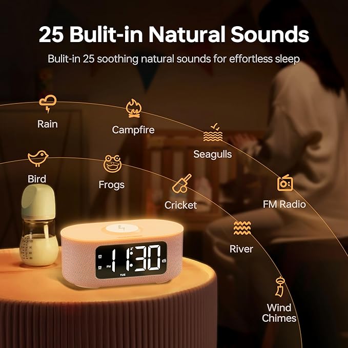 JALL Fabric Alarm Clock for Bedroom, with Big Led Screen Display, Bluetooth Stereo Sound Speaker, FM Radio, Fast Wireless Charging, USB Charging Port, Nightlight, White Noise, Ideal for Gift, Pink-BubblyBeeBaby