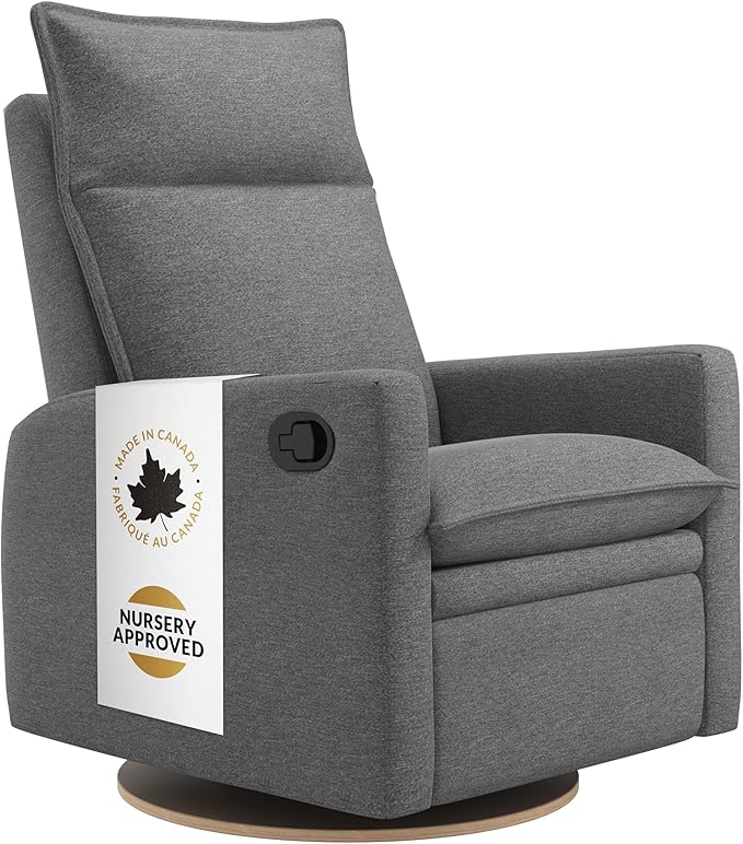 Jaymar Arya Modern Nursery Glider Recliner Chair – Cozy Nursing Chair with 360° Swivel for New Parents, Gentle Motion, Compact Design, High Back & Low Armrests, Canadian Made (Charcoal/Nexus Fabric)-BubblyBeeBaby