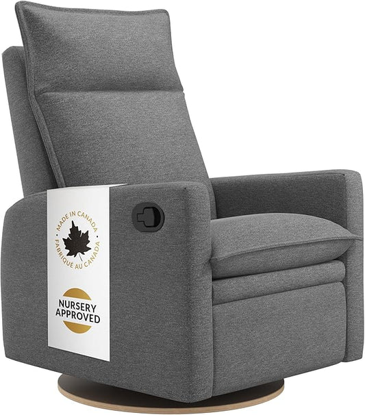 Jaymar Arya Modern Nursery Glider Recliner Chair – Cozy Nursing Chair with 360° Swivel for New Parents, Gentle Motion, Compact Design, High Back & Low Armrests, Canadian Made (Charcoal/Nexus Fabric)-BubblyBeeBaby