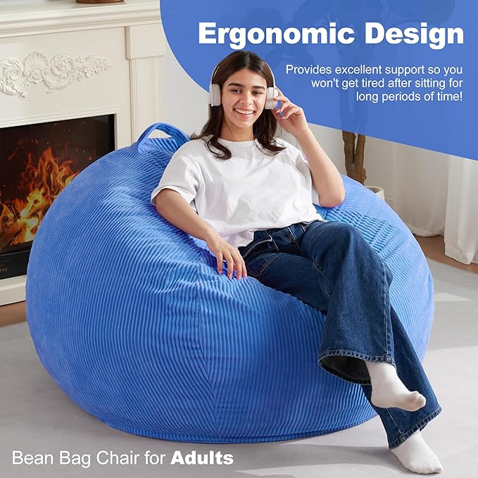 Homguava 3.5FT Bean Bag Chair: Teardrop Bean Bags with Memory Foam Filled, Compact Beanbag Chairs Soft Sofa with Corduroy Cover (Blue)-BubblyBeeBaby