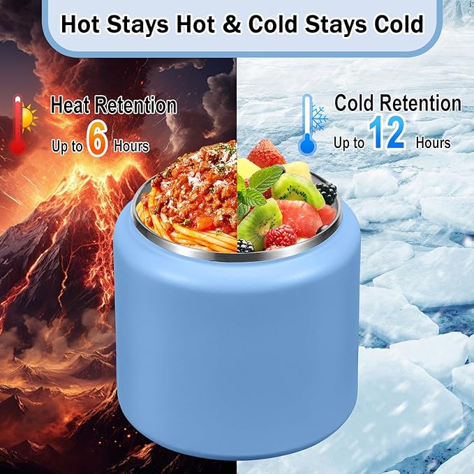 26oz Kids for Hot Food, Insulated Vacuum Food Jar with Buckle Lid, Stainless Steel Wide Mouth Leak Proof Insulated Lunch Container for School Picnic Travel, Sky Blue-BubblyBeeBaby