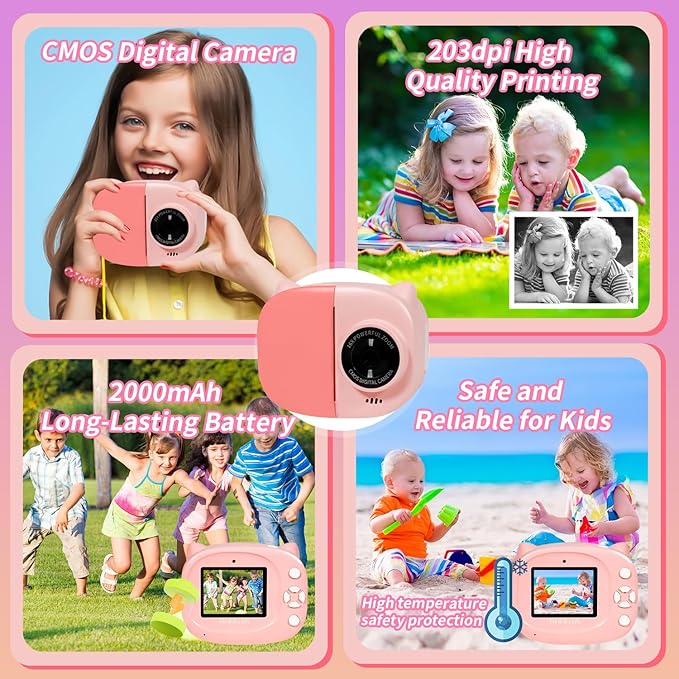 Instant Print Camera Toy for Kids, Girls Birthday Gifts for 3 4 5 6 7 8 Year Old Learning Music Story Player, 1080P HD Dual-Lens Creative Instant Camera (Pink)-BubblyBeeBaby