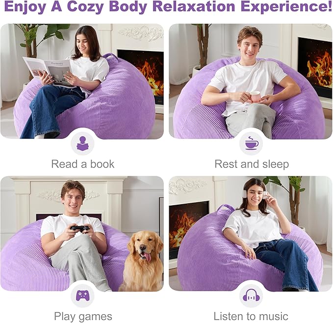 Homguava 3.5FT Bean Bag Chair: Teardrop Bean Bags with Memory Foam Filled, Compact Beanbag Chairs Soft Sofa with Corduroy Cover (Purple)-BubblyBeeBaby