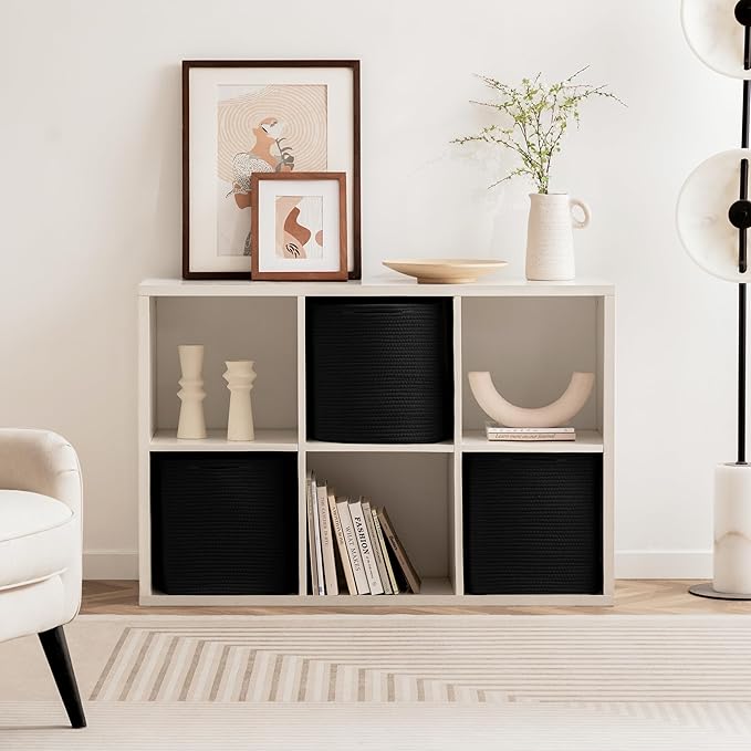 joybest Cube Storage Bins Set of 4, 13inch Cube Baskets Organizer for Nursery, Square Cotton Rope Baskets for Shelves Organizing, Kids Toy, Closet Storage, Black-BubblyBeeBaby