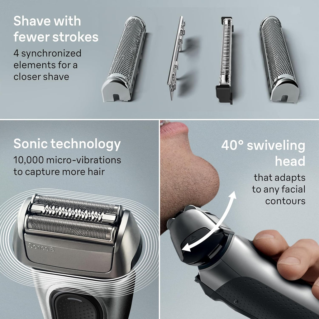 Braun Series 8 Electric Razor for Men, with 4+1 Shaving Elements & Precision Long Hair Trimmer, Close & Gentle Even on Dense Beards, Wet & Dry Electric Razor with 60min Runtime, 8517s Galvano Silver