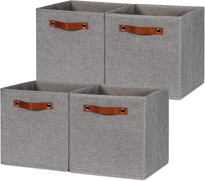 HNZIGE Shelf Storage Cubes Bins for Organizing, Set of 4, Cabby Fabric Cube 11x11 Closet Organizer with Handles (Gray)-BubblyBeeBaby