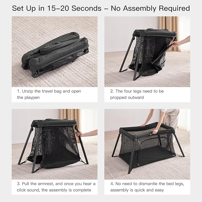 2 in 1 Portable Travel Crib for Toddler, Foldable Crib for Baby, Lightweight Playpen Collapsible Playard with Soft Mattress, Easy to Carry Baby Travel Bed for Outdoor, Indoor (Black)-BubblyBeeBaby