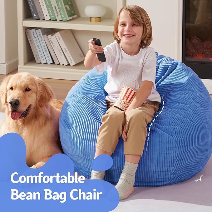 Homguava 2FT Bean Bag Chair,Teardrop Bean Bags Small Beanbag Chair with Memory Foam Filled and Ultra Soft Corduroy Cover for Living Room, Bedroom (Small,Blue)-BubblyBeeBaby