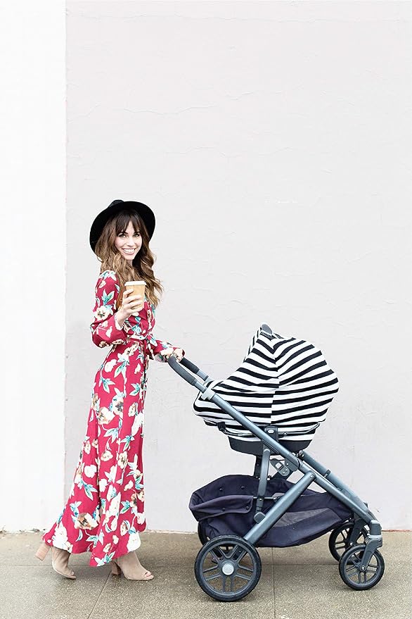 Itzy Ritzy 4-in-1 Nursing Cover, Car Seat Cover, Shopping Cart Cover & Infinity Scarf – Breathable, Multi-Use Nursing Cover Up for Breastfeeding, Carseat Canopy & Stroller Cover (Black & White Stripe)-BubblyBeeBaby