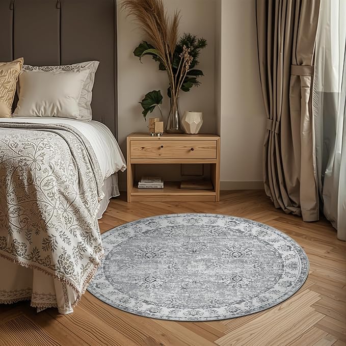 jinchan Round Rug 4ft Area Rug - Indoor Vintage Hallway Circle 4' Washable - Ultra-Thin Low Pile Soft Small Non Slip Distressed Floral Print for Living Room Dining Room Bedroom Entryway Grey-BubblyBeeBaby
