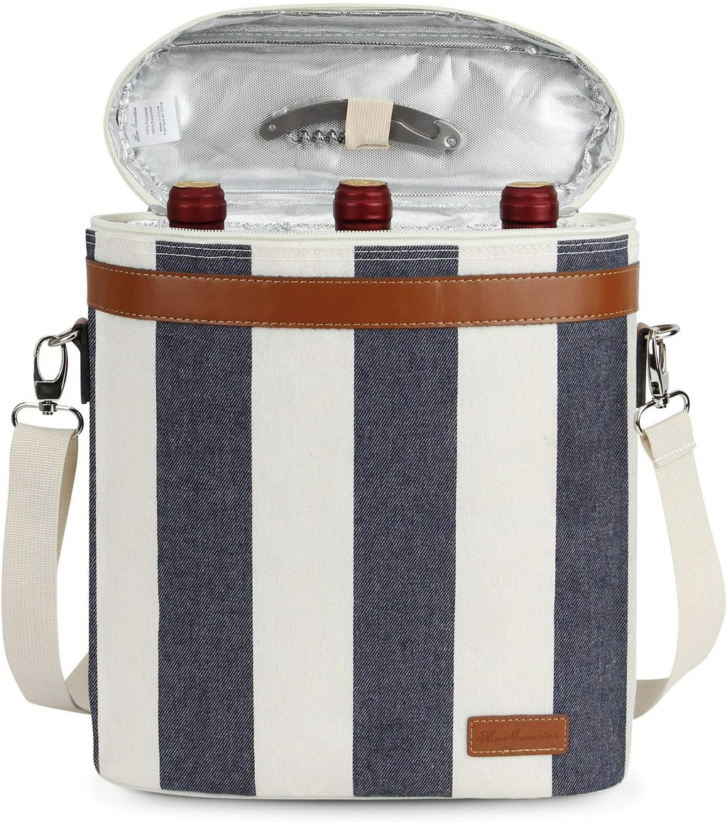 Zormy 3 Bottle Insulated Wine Tote Cooler Bag, Portable Carrier with Corkscrew Opener and Shoulder Strap for Beach Travel Picnic, Unique Carrier