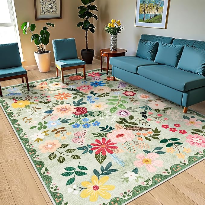 10x12 Area Rugs for Living Room: Floral Washable Rug Vintage Large Soft Boho Non-Slip Carpet Indoor Stain Resistant Low Pile Carpets for Bedroom Dining Room Farmhouse Nursery Hallway Home Office Green-BubblyBeeBaby