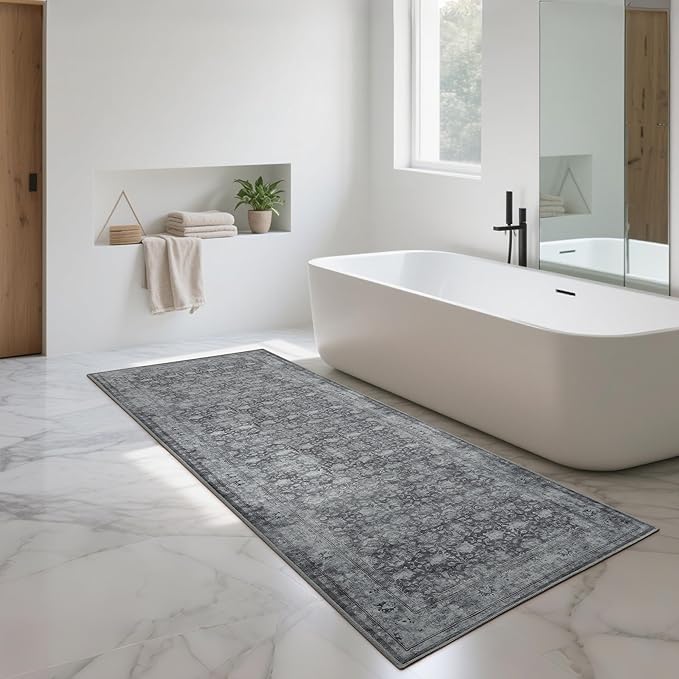 2'6"x8' Washable Runner Rug for Hallway, Non Slip Vintage Floral Long Carpet Runners for Entryway, Kitchen, Bathroom, Bedroom, Low Pile Laundry Rugs with Rubber Backing (Distressed Grey)-BubblyBeeBaby