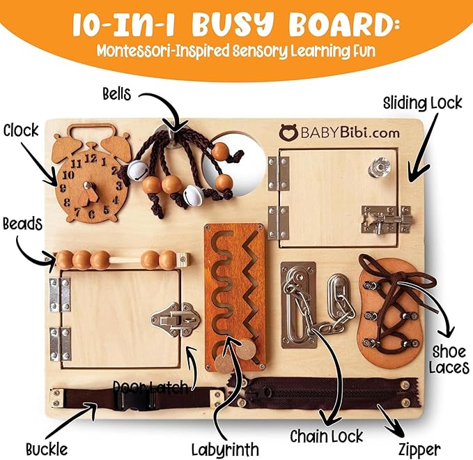 10-in-1 Montessori Busy Board for Toddlers - Safe, Durable Sensory Activity Board with Locks, Shoelaces & More - Perfect Educational Toy Built for Growth & Travel - Recommended for Ages 3 Years & Up-BubblyBeeBaby