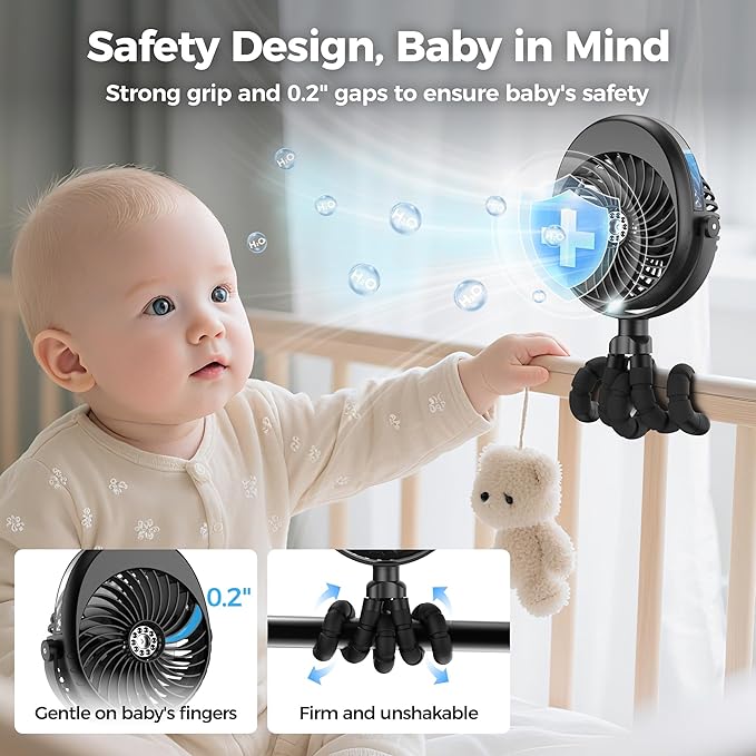 2025 Upgarded 4000mAh Misting Baby Stroller Fan, Rechargeable Battery Operated,Max 15Hrs Cooling,50ml Portable Water Sprayer Misting Fan with Flexible Tripod Clip on Car Seat Crib Treadmill Bunk Bed-BubblyBeeBaby