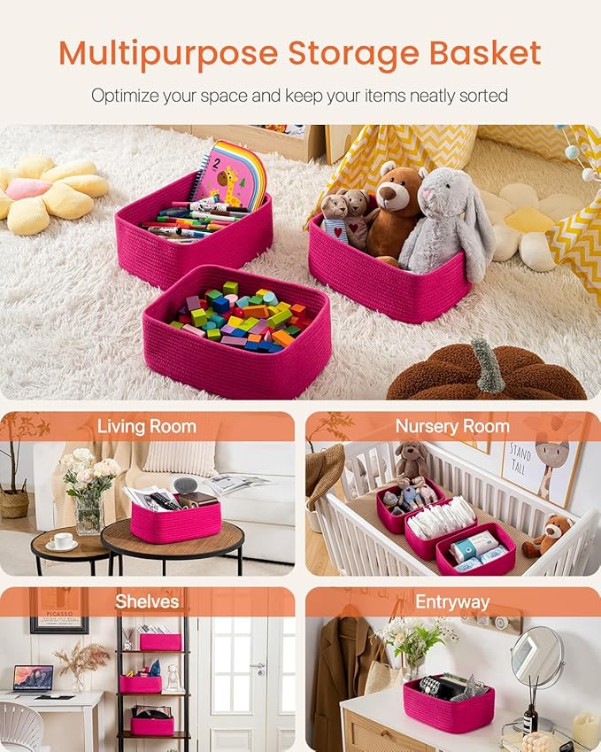 KALLAX Small Woven Basket, 13.5 x 9.5 x 5 Inches, Storage Basket for Organizing, Cute Small Rope Shelf Closet Cube Storage Bins Baskets for Shelves, Dog Toy Gift Baskets Empty, 3 Packs, Hot Pink-BubblyBeeBaby