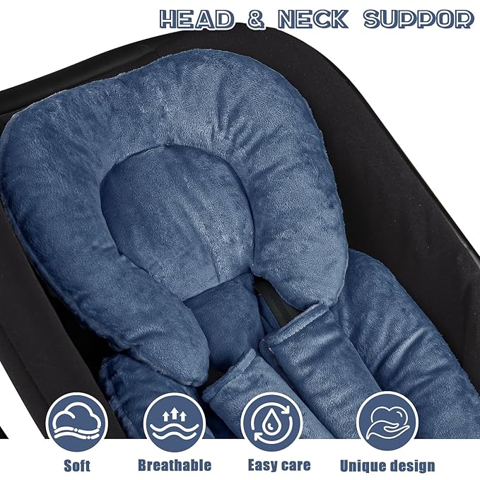 Infant Car Seat Insert Head and Body Support, GFU Reversible Newborn Insert for Carseat with Strap Pads, Soft Stroller Cushion Pillow Insert for Boys and Girls, Fits for Stroller, Swing, Blue-BubblyBeeBaby