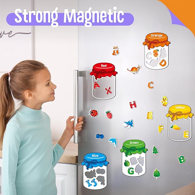 12 Pieces Magnetic Color Sorting Jars, 60 Color & Letter Magnets for Fridge Whiteboard, Early Educational Sorting Toy Set, Alphabet A-Z Learning Tool for Baby Toddlers Kids-BubblyBeeBaby