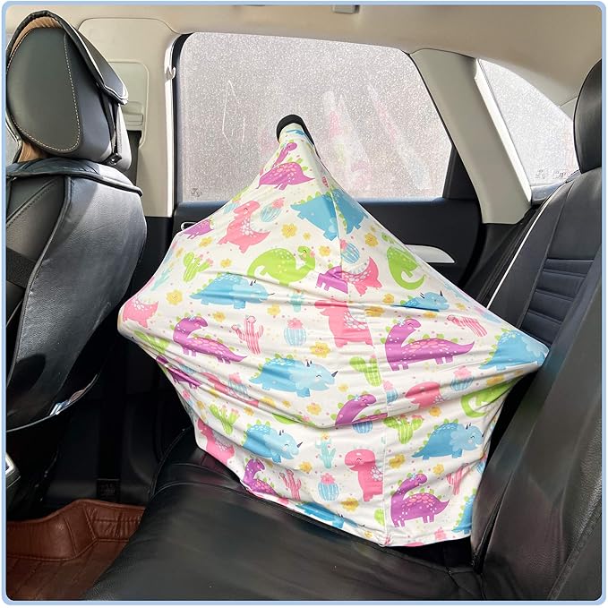 Car Seat Covers Canopy Cover - Multi-use Cover Carseat Canopy, Breathable Breastfeeding Cover, Car Seat Covers for Bbies, Boys & Girls Shower Gifts (Colorful Dinosaur)-BubblyBeeBaby