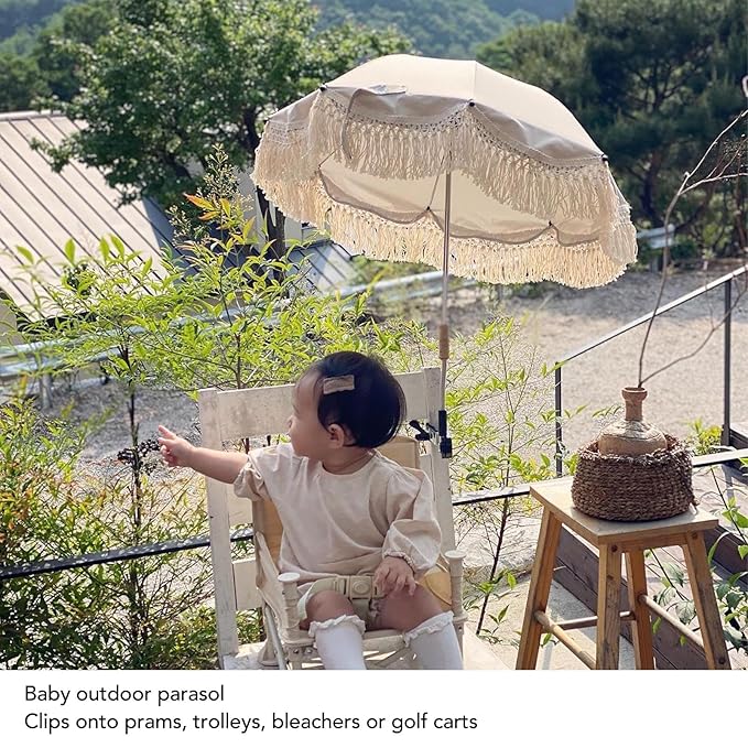 Baby Outdoor Parasols, Baby Stroller Parasol Umbrella with Adjustable Clamp, Toddler Umbrella for Trolley Wheelchair Beach Chair, Outdoor Activities (Beige)-BubblyBeeBaby