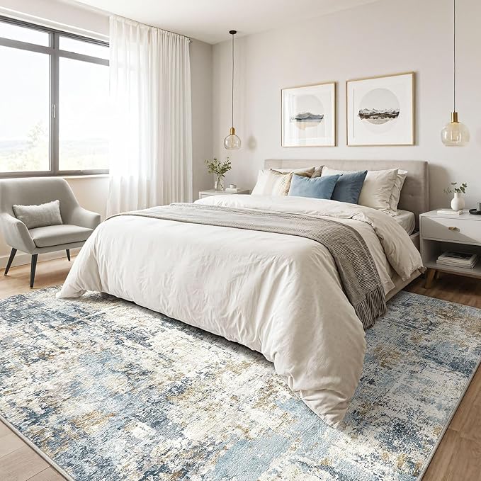 12x15 Area Rugs Washable Rug: Living Room Large Abstract Modern Soft Stain Resistant Indoor Floor Non Slip Accent Carpet for Bedroom Nursery Playroom Office Dining Room Dorm Home House- Blue-BubblyBeeBaby