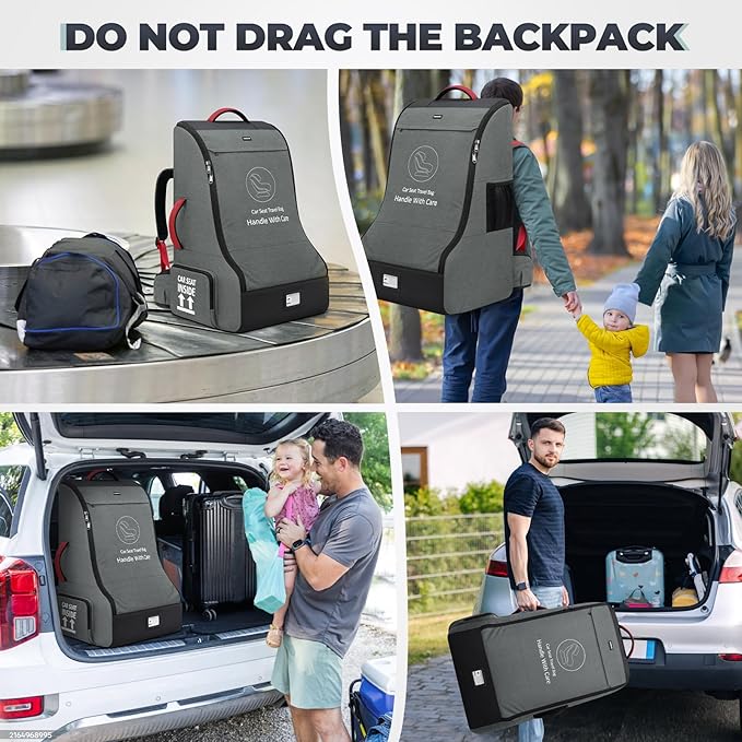 RAINSMORE Padded Car Seat Travel Bag for Airplane Heavy Duty Car Seat Backpack for Air Travel Baby Carseat Cover Bags for Airport Large Car Seats Carrier Fits Car Seats & Booster Seats,Gray-BubblyBeeBaby
