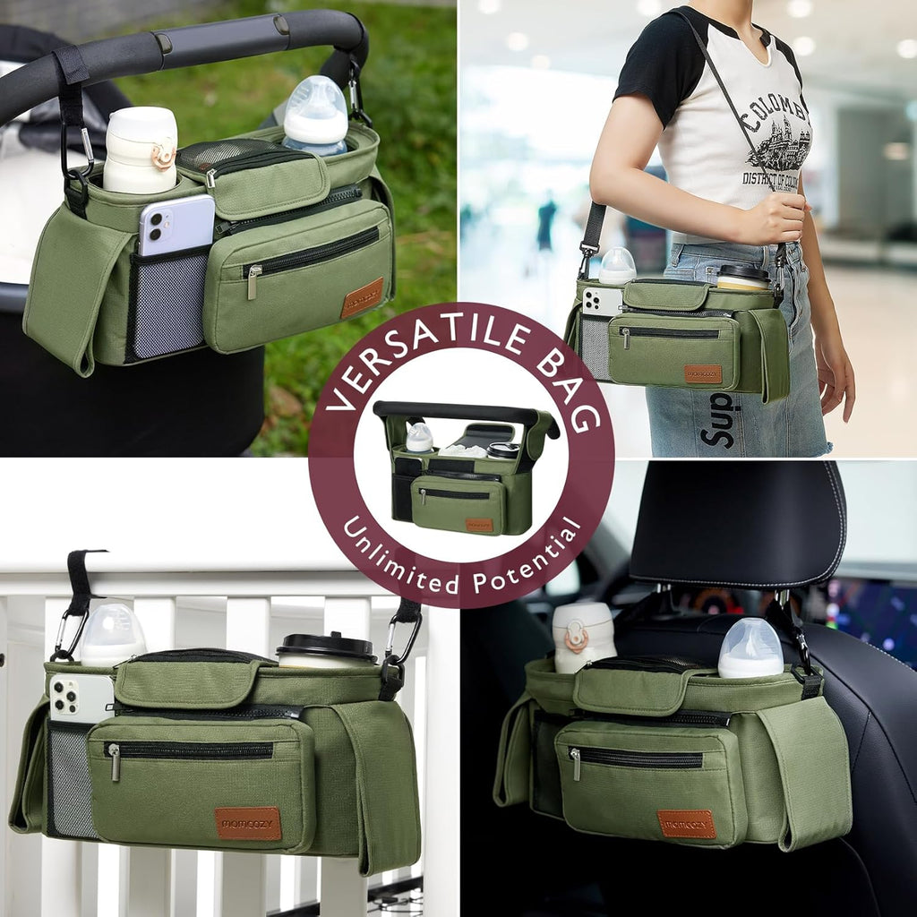 Momcozy Universal Baby Stroller Organizer, 2 Insulated Cup Holder, Detachable Zippered Pocket, Adjustable Shoulder Strap, Large capacity for baby essentials, Compact Design Fits Any Strollers