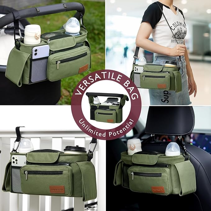 Momcozy Universal Stroller Organizer with Insulated Cup Holder Detachable Phone Bag & Shoulder Strap, Fits for Stroller like Uppababy, Baby Jogger, Britax, BOB, Umbrella and Pet Stroller-BubblyBeeBaby