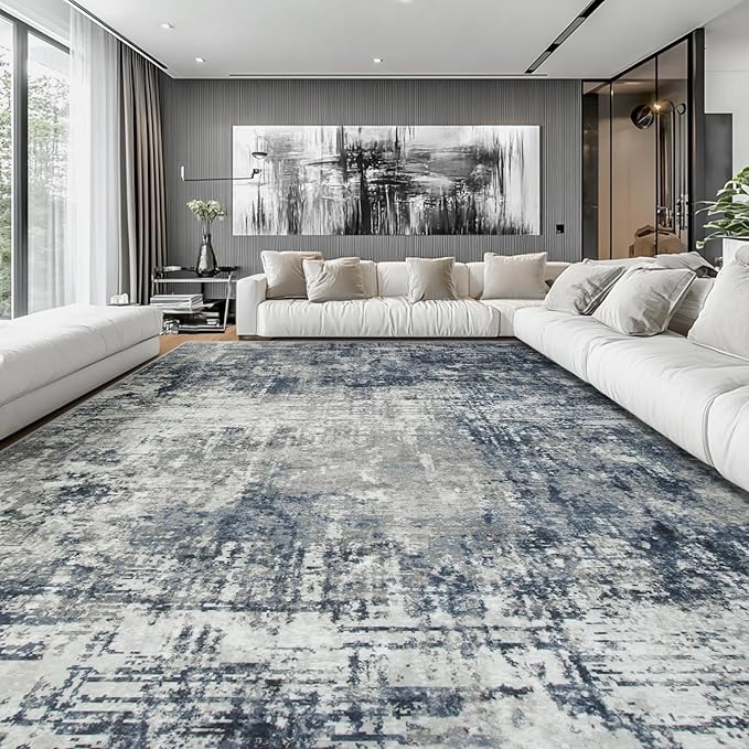 10x14 Area Rugs Large Living Room Rug Washable: Modern Abstract Rug Indoor Modern Carpet Non Slip for Dining Room Bedroom Nursery Home Office Blue/Grey-BubblyBeeBaby