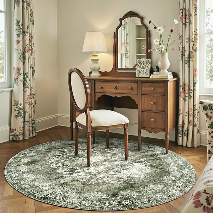 jinchan Round Rug 6ft Area Rug - Green Vintage Floor Mat Kitchen Indoor - Washable Circle 6' Thin Floral Print Carpet Retro Farmhouse Non Slip Dining Room Living Room Bedroom Office-BubblyBeeBaby