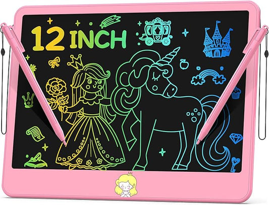 Hockvill LCD Writing Tablet for Kids 12 Inch, Toys for Boys Girls Drawing Pad for 3 4 5 6 7 Year Old Kids Toys, Toddler Erasable Doodle Board Travel Essentials, Children’s Day Gift for Kids - Pink-BubblyBeeBaby