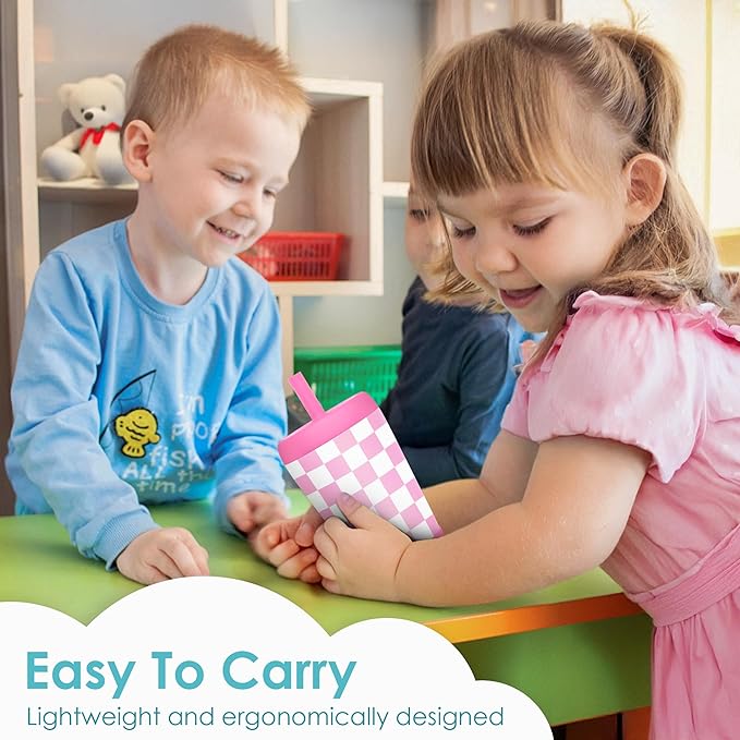 Kid Insulated Stainless Steel Tumbler with Silicone Straw, 12oz Sippy Cup for Kids (Pink Checkerboard)-BubblyBeeBaby