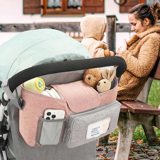 Accmor Universal Stroller Organizer with Insulated Cup Holder, Stroller Caddy Bag Accessories, Stroller Cup Holder Organizer for Uppababy Baby Jogger Britax Stroller, Pink-BubblyBeeBaby
