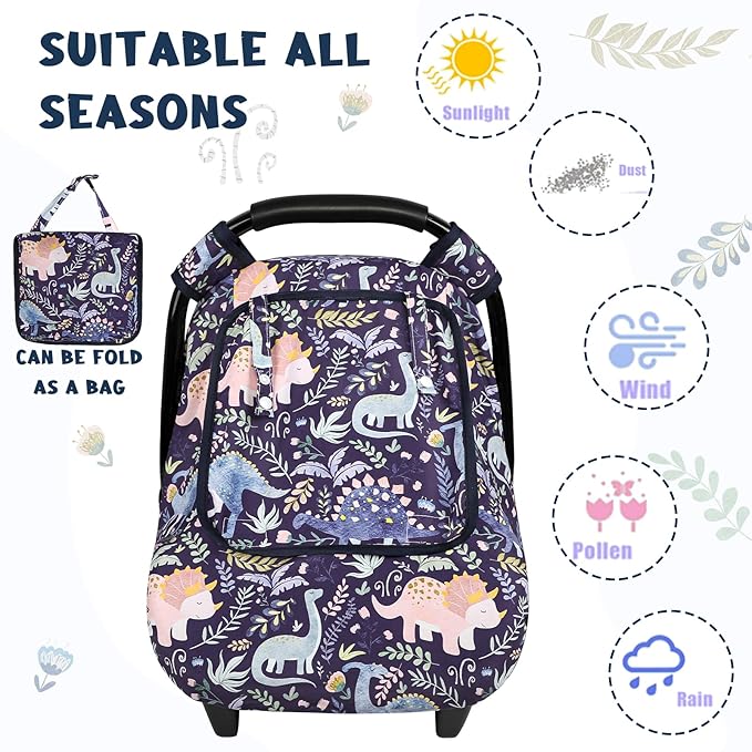 Pea Pod Car Seat Cover Baby, Infant Car Seat Canopy Covers for Newborn with 2 Layers Windows of Breathable Mesh Fabric, Lightweight Polyester/Soft Minky Dot Backing (Dinosaur)-BubblyBeeBaby