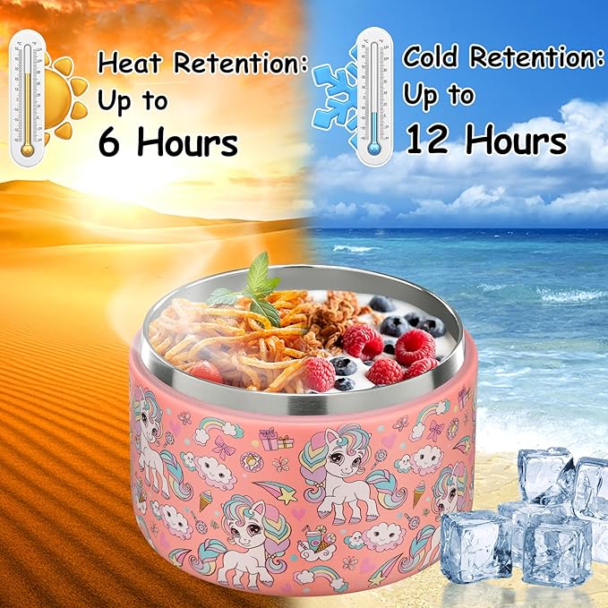 12oz Insulated Vacuum Food Jar with Buckle Lid Wide Mouth Soup Thermo for Hot Food Kids Leakproof Stainless Steel Lunch Container (Pink-Horse)-BubblyBeeBaby