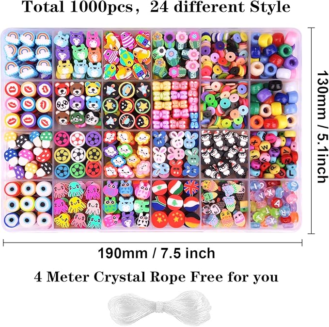 1000PCS Polymer Clay Beads Bracelet Making kit, 24 Style Cute Fun Beads Flower Animal Rainbow Eye Charms for Jewelry Necklace Earring Making DIY Accessories for Women Girls-BubblyBeeBaby