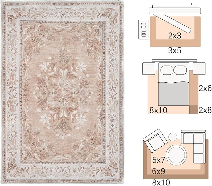 jinchan Vintage Floral 3x5 Area Rugs for Entryway - Machine Washable Distressed Design Ultra-Thin Low-Pile Soft Non-Shedding Carpet for Kitchen Bedroom Entrance Laundry Living Room (3x5ft,Coral Pink)-BubblyBeeBaby