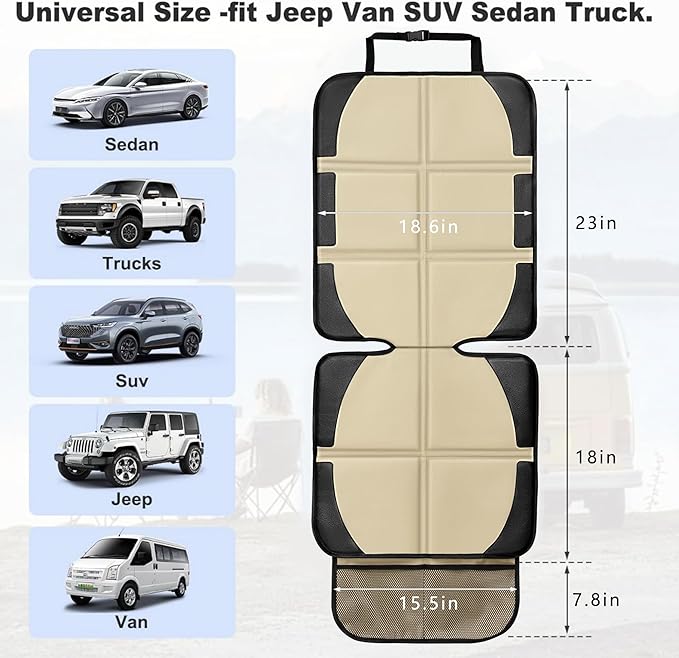 Car Seat Protector for Child Car Seat, 2 Pack Baby Car Seat Covers with Mesh Pockets & Non-Slip Backing 600D Durable Seat Protector Under Baby Car Seat for Car Back Seat (Beige, Large)-BubblyBeeBaby