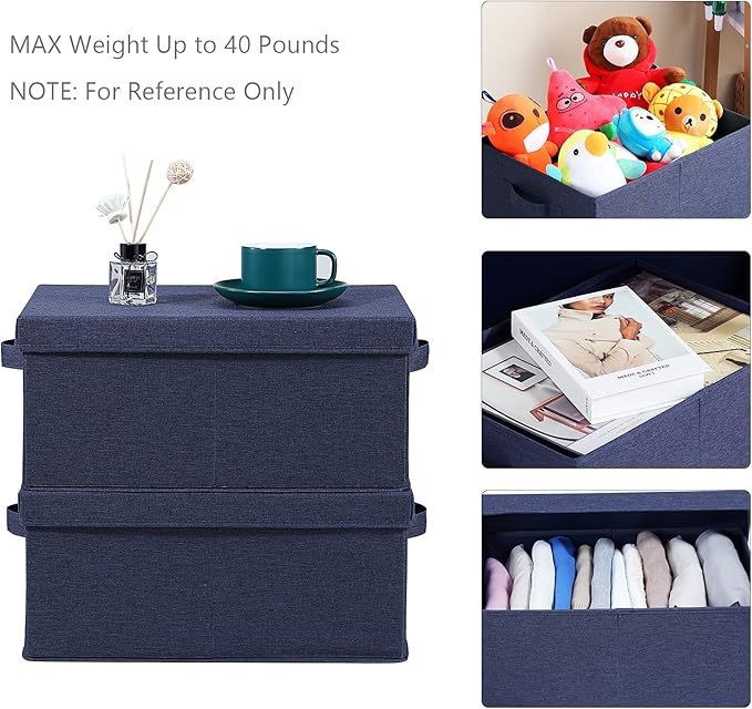 HOONEX Foldable Storage Bins with Lids, Pack of 2, Storage Boxes with 2 Carrying Handles and Heavy Cardboard, 16.5" L x 11.8" W x 7.5" H for Shoes, Clothes, Blue-BubblyBeeBaby