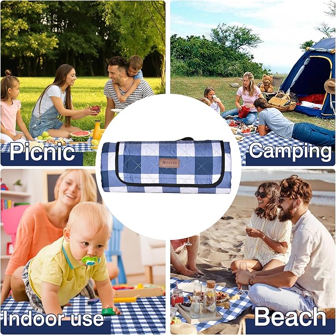 HX&OD Outdoor Picnic Blanket, Extra Large, 80''x60'' Waterproof Foldable Blankets Gingham Picnic Mat for Beach, Camping Grass Lawn Park Accessories Cute Couple Ideas Wedding (Blue, 80”x60”)-BubblyBeeBaby