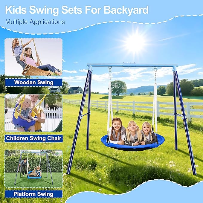 Heavy Duty 500lbs Saucer Swing Set - Outdoor Metal Frame Playground Equipment for Backyard, Includes 45'' Tree Swing & Adjustable Steel Stand - Kids/Toddlers Age 3-12-BubblyBeeBaby