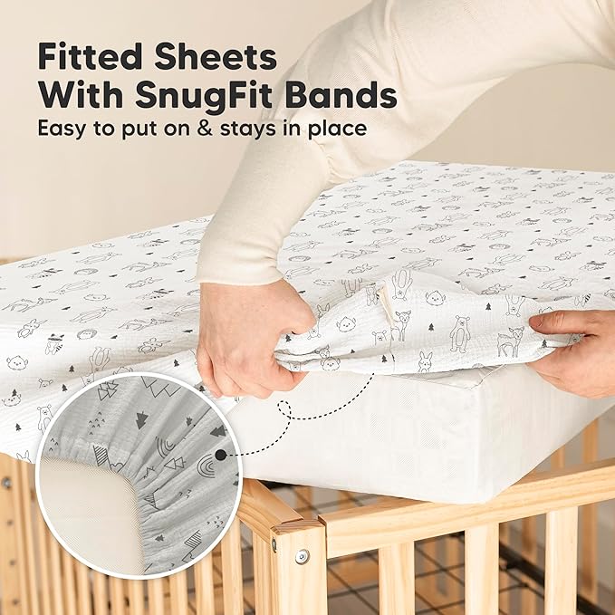 KeaBabies 2-Pack Muslin Crib Sheets for Boys, Girls - 100% Organic Cotton Fitted Baby Crib Mattress Sheet, Soft Breathable Standard Toddler Bed Cover Bedding Set, Neutral, Durable 52x28 (Woodland)-BubblyBeeBaby