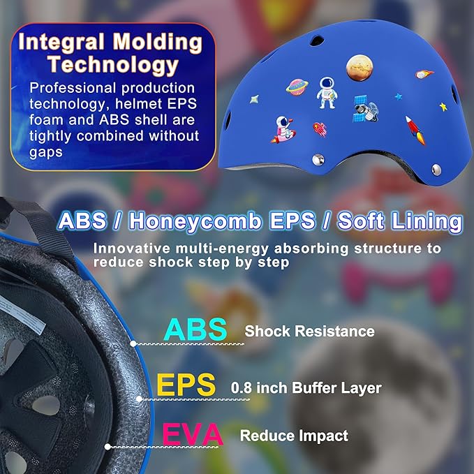 Kids Bike Helmet with DIY Stickers and Knee Pads Elbow Pads Wrist Guard Set for Ages 3-8-14 Toddler Boys Girls Helmet for Roller Skates Cycling Skateboarding Bicycle Scooter-BubblyBeeBaby