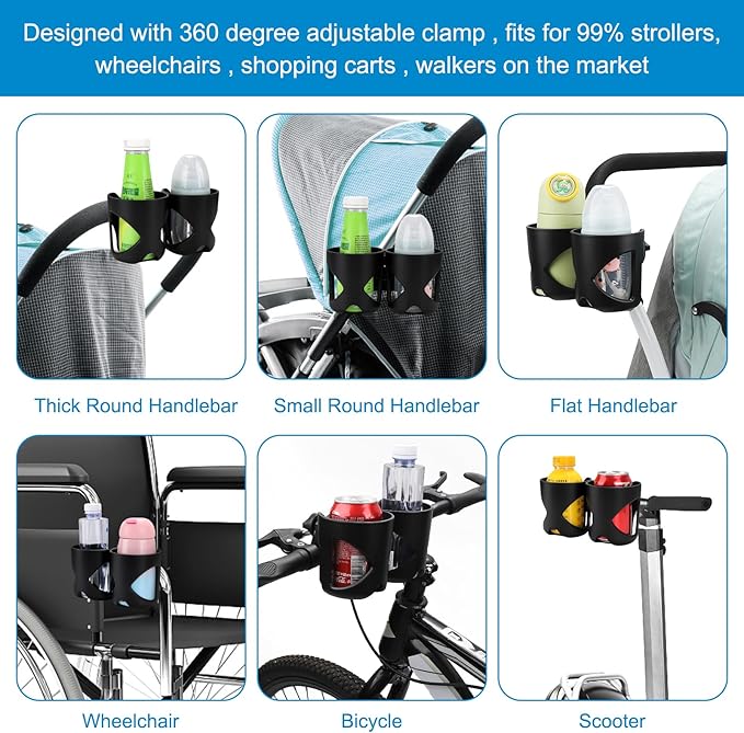 Accmor Universal Cup Holder, Stroller Cup Holder, 360° Rotatable Large Caliber Designed Bottle Holder for Stroller, Bike, Wheelchair, Walker, Scooter-BubblyBeeBaby