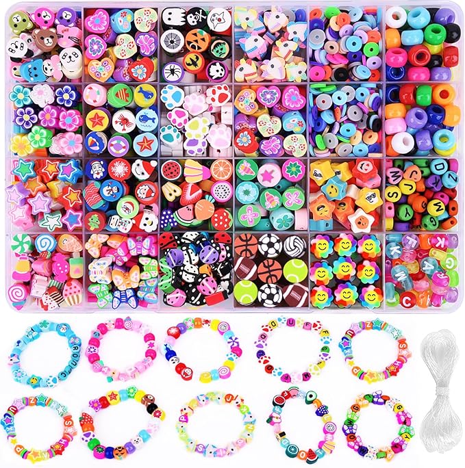 1000PCS Polymer Clay Beads Bracelet Making kit, 24 Style Cute Fun Beads Fruit Flower Animal Cake Butterfly Heart Beads Charms for Jewelry Necklace Earring Making DIY Accessories for Women Girls-BubblyBeeBaby
